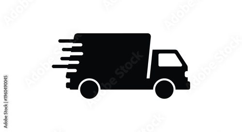 A simple black silhouette of a delivery truck speeding forward with motion lines creating a dynamic silhouette