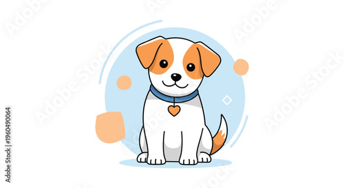 Adorable brown and white puppy with a blue collar and heart-shaped tag sits calmly against a soft blue circle background.