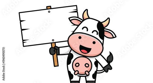 Happy black and white spotted cow smiles cheerfully while holding a large blank wooden sign board with its hoof.