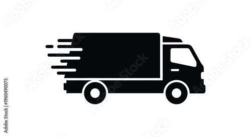 A stark black silhouette depicts a delivery truck in motion suggesting speed and commercial transport silhouette high quality