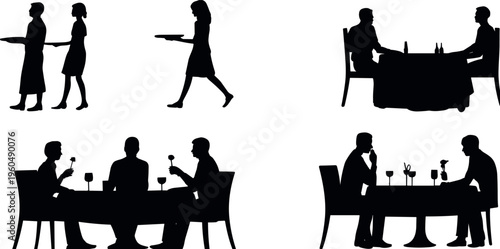 Restaurant dining silhouettes set, waiters serving food and people eating at table, hospitality service concept, social dinner scenes collection illustration
