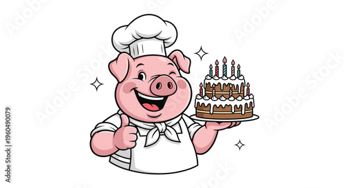 Jolly pig chef wearing a white toque and apron proudly presents a large three-tier chocolate cake with lit candles.