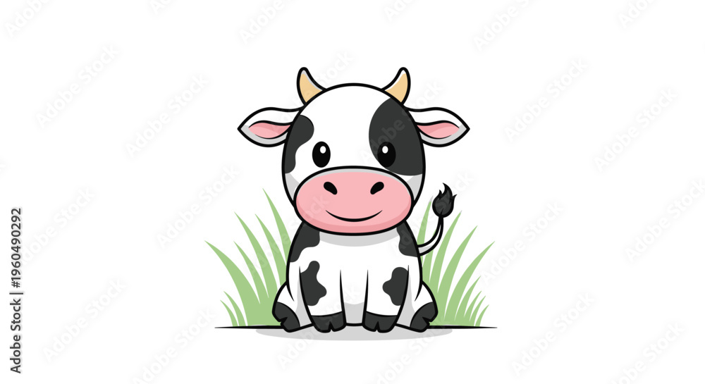 Naklejka premium Adorable baby cow mascot character with black and white spots sitting peacefully in green grass on a bright sunny day.