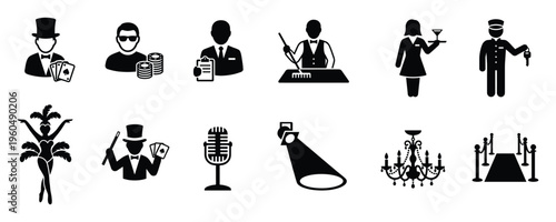 Collection of casino, hospitality, and entertainment related icons, ideal for illustrating luxury services, gaming venues, and event themes in graphic design projects