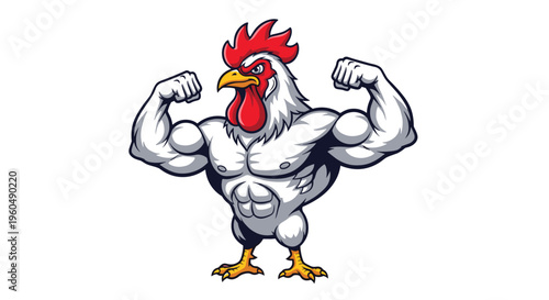 Strong muscular rooster mascot character flexing its large biceps and displaying powerful abs on a clean white background.