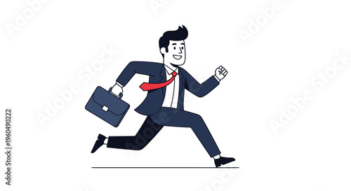 Successful businessman in a suit carrying a briefcase and running quickly as if rushing to an important meeting or work event.