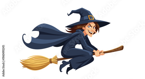 Wicked witch with a long nose and pointed hat flying through the air on a wooden broomstick with her black cape billowing.