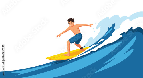 Young male surfer riding a large blue ocean wave on a yellow surfboard with an excited and happy expression on his face.