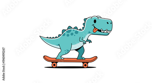 Cute blue dinosaur character riding an orange skateboard with its tongue sticking out in a playful and fun manner.