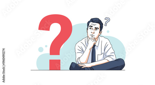 Pensive businessman sitting on the ground and thinking deeply next to a large red question mark while looking upwards for answers.