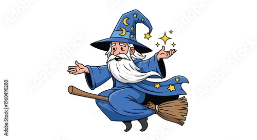 Magical old wizard with a long white beard and a blue moon hat flying through the night sky on a wooden broomstick.