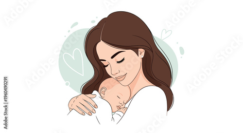 Loving mother tenderly holding her sleeping newborn baby against her chest with soft hearts floating in the background.