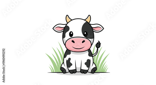 Adorable baby cow mascot character with black and white spots sitting peacefully in green grass on a bright sunny day.