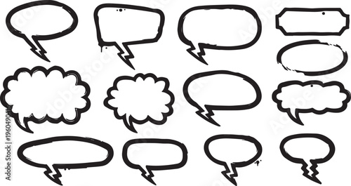 A set of fifteen minimalist black outline speech bubbles and thought clouds with lightning bolt tails and distressed edges, isolated on a white background.