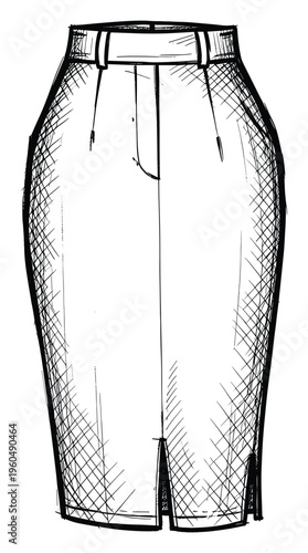 Classic black and white hand drawn sketch of a womens high waisted pencil skirt perfect for illustrating professional business attire and formal clothing concepts