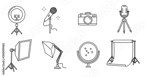 Professional media production tools collection featuring ring lights, microphones, cameras, and softboxes suitable for streaming, filmmaking, and broadcasting projects.