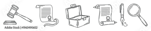 Set of handdrawn line icons representing legal concepts and justice elements, perfect for business presentations, educational materials, and professional service promotions