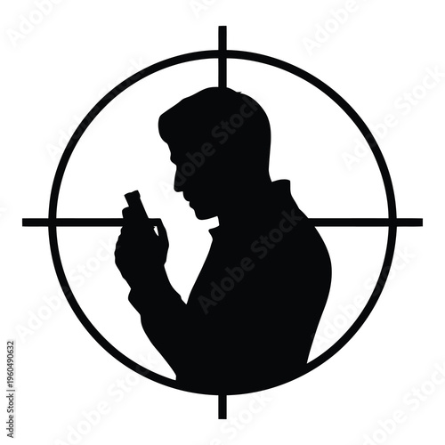 A black silhouette of a man holding a cell phone in a scope crosshair isolated on white background