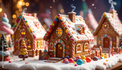 Festive gingerbread houses on display with colorful decorations and lights