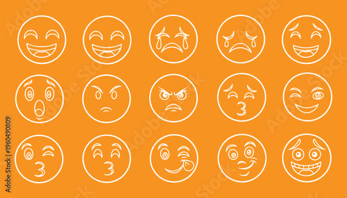 A modern collection of nine simple black-and-white line art emoticons expressing a variety of emotions, including joy, love, curiosity, and frustration. 