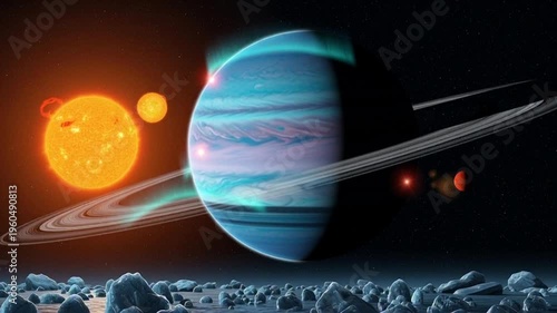 Jupiter planet with rings and moons in space near the sun