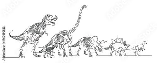Continuous line artwork showcasing a diverse parade of prehistoric dinosaur skeletons such as Tyrannosaurus, sauropods, and horned dinosaurs, perfect for learning materials and museum