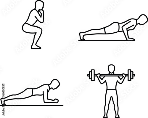 Essential line icons depicting various fitness exercises including squats, push-ups, planks, and weightlifting, perfect for health and wellness applications.