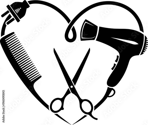 Hair care tools in heart shape logo for beauty salon