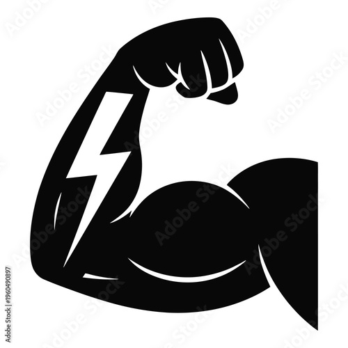 Black silhouette of a flexed arm with a lightning bolt tattoo isolated on white background