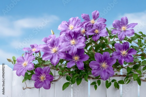 Purple clematis flowers blooming over white picket fence