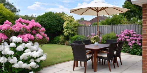 Outdoor patio furniture under umbrella in blooming spring garden