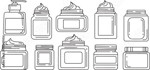 A collection of minimalist black and white line art illustrations featuring various cosmetic jars, cream containers, and a pump bottle for skin care branding.