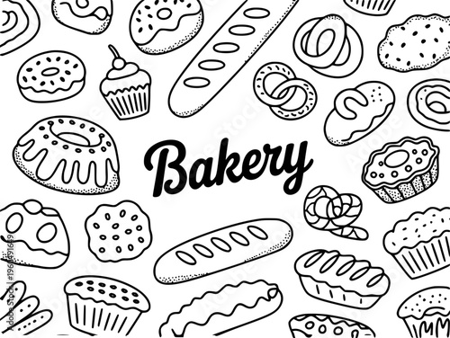 Hand Drawn Bakery Treats Pattern with Doughnuts Bread and Cupcakes White food sweet