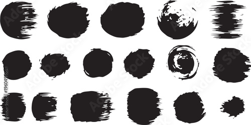 A set of textured black paint dabs and circular brush strokes featuring a distressed, raw aesthetic.
