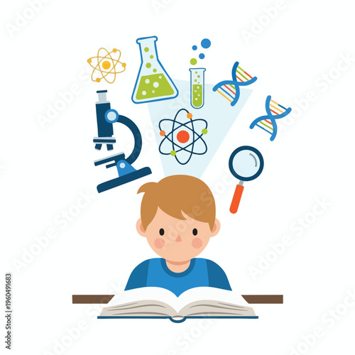 Young child engrossed in reading, with science icons appearing around their head