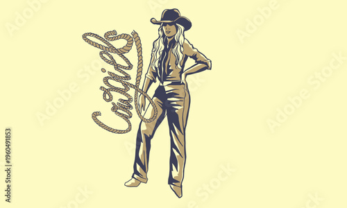 Vintage western cowgirl pinup set, stylish American retro women portraits