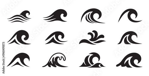 Stylized ocean wave vector icons in various dynamic shapes representing water movement and sea themes