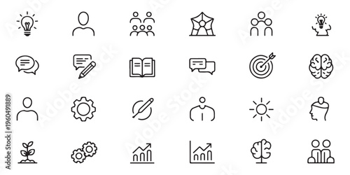 Innovation and education line icon collection with brain symbols light bulbs target signs and user profiles