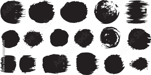 A collection of 18 textured black paint dabs and circular brush strokes, featuring a distressed, grunge aesthetic perfect for bold graphic accents.