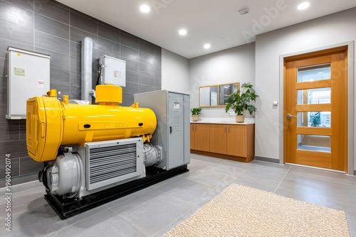Industrial yellow generator providing power in modern facility