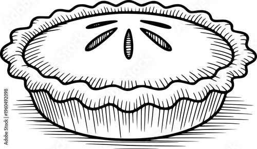 Hand drawn black and white of a whole pie with decorative crust and vents food baking