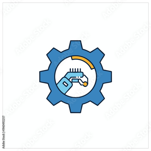 Blue gear with a robotic arm inside, suggesting automation and industry
