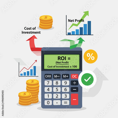 A calculator shows ROI formula with charts, coins, and a checkmark
