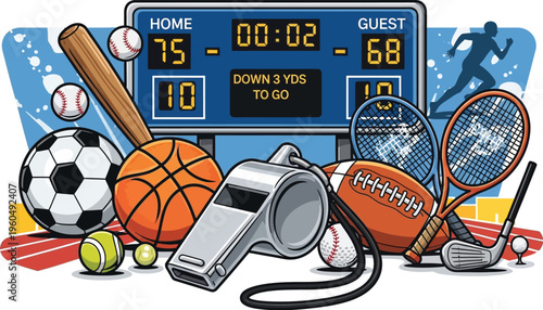 Assortment of diverse sports equipment surrounding a digital scoreboard detailing game status and time remaining
