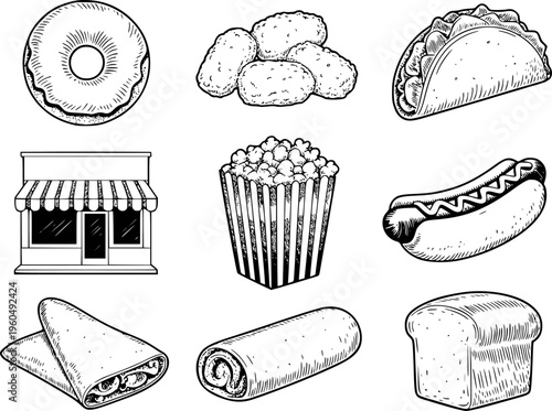 Hand drawn collection of fast food and a storefront in black and white style