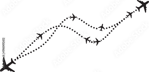 A minimalist black vector illustration featuring multiple airplane silhouettes following dotted flight paths, representing travel, aviation, and global connectivity.