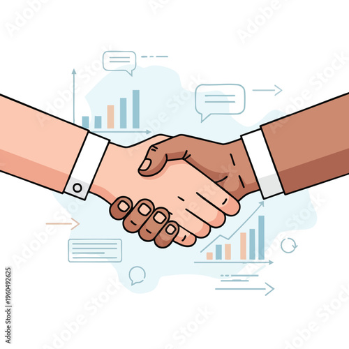 Diverse hands shake in agreement amidst charts, chat bubbles, and arrows