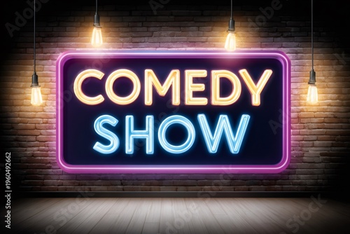 Comedy show neon sign glowing on brick wall stage