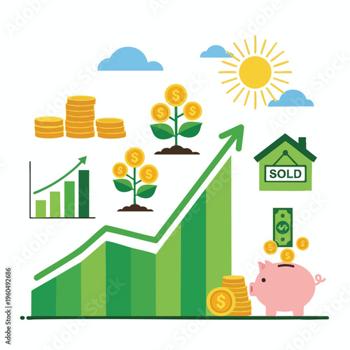 Growing savings, real estate sale, and financial success with charts