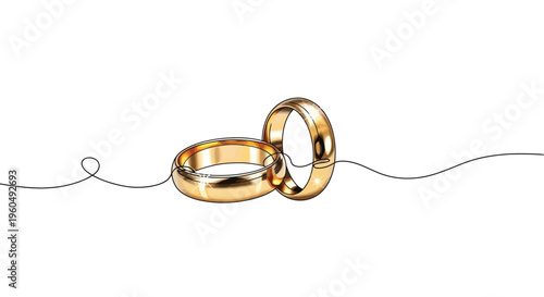 Golden Wedding Rings Connected by Thin Black Line on White Background